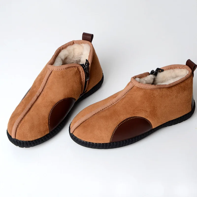 

2018 fashion winter real wool one shoes men snow boots anti-skid zipper casual short tube middle-aged wool shoes