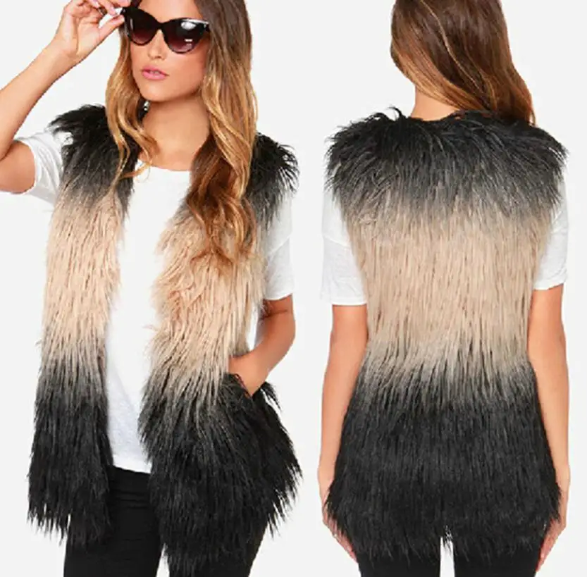 2015 Chic mujeres pelo largo Shaggy larga de contraste de Color Faux chaleco  chaleco de piel chaleco de la calle Bloggers celebridades prendas de vestir  exteriores|vest jacket|outerwear capevest blue - AliExpress