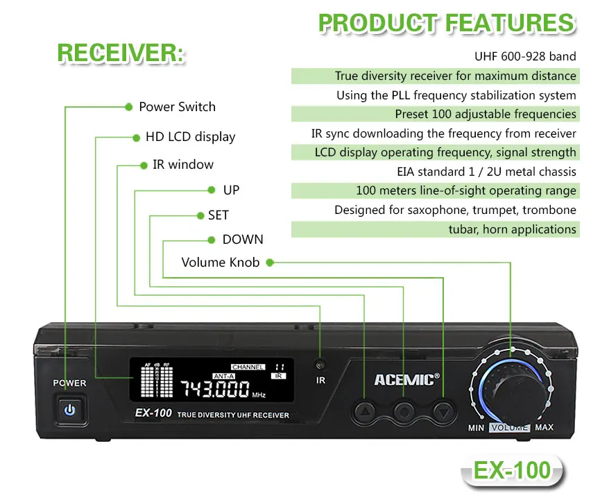 ACEMIC Профессиональный UHF Беспроводной саксофон микрофон на раструб, беспроводная система усиления музыкального инструмента звукоснимателя