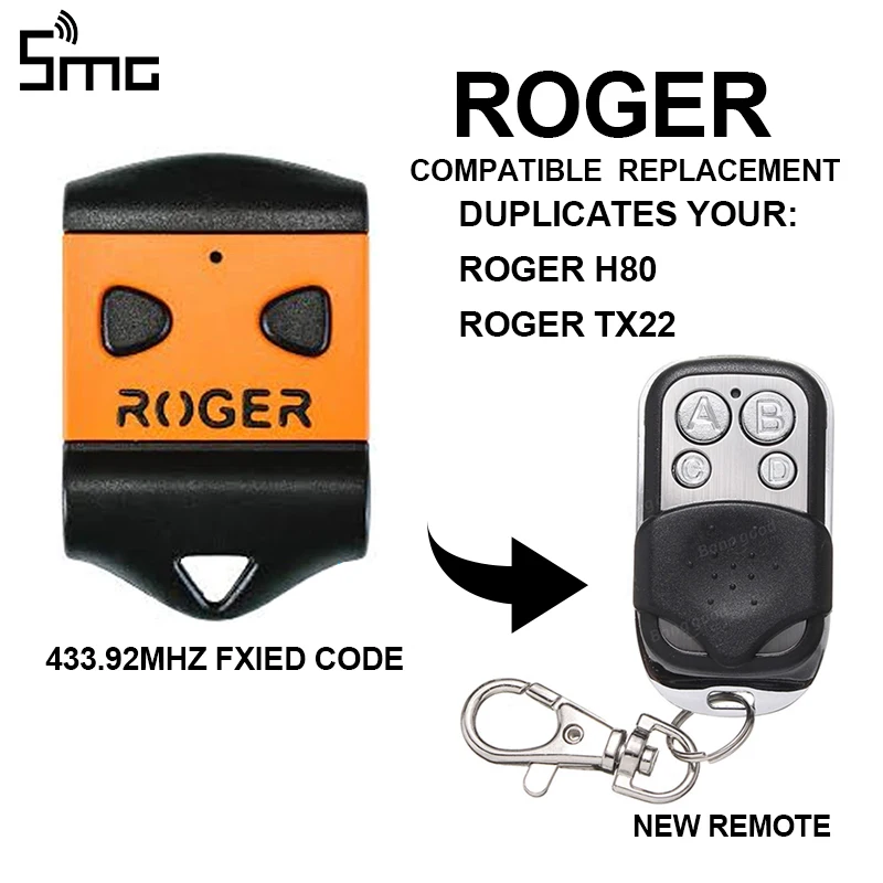 

ROGER H80 E80 ROGER TX22 Garage Door opener Gate Remote Control Replacement Duplicator for garage command 433.92 mhz key fob