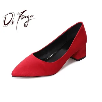 

DRFARGO Women Worker Shoes 5cm Block Mid High Heels Classic Sexy Pointed Toe Flock Shallow Slip on Pink Red Black Grey SHOES
