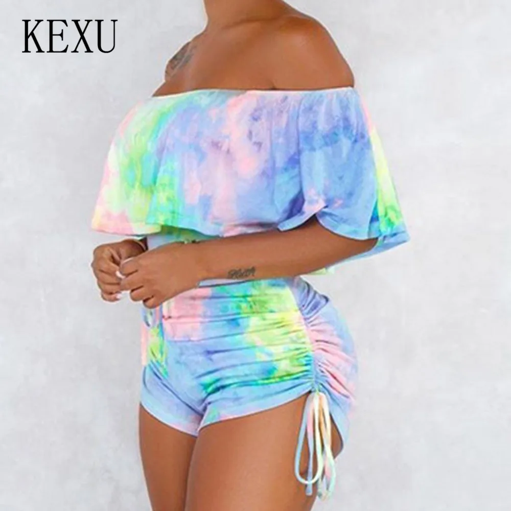 KEXU Summer Sexy Hollow Out Camouflage Printed Ruffled Shorts Straps Drawstring Pants Women Elegant Sleeveless Retro Jumpsuits KEXU Summer Sexy Hollow Out Camouflage Printed Ruffled Shorts Straps Drawstring Pants Women Elegant Sleeveless Retro Jumpsuits