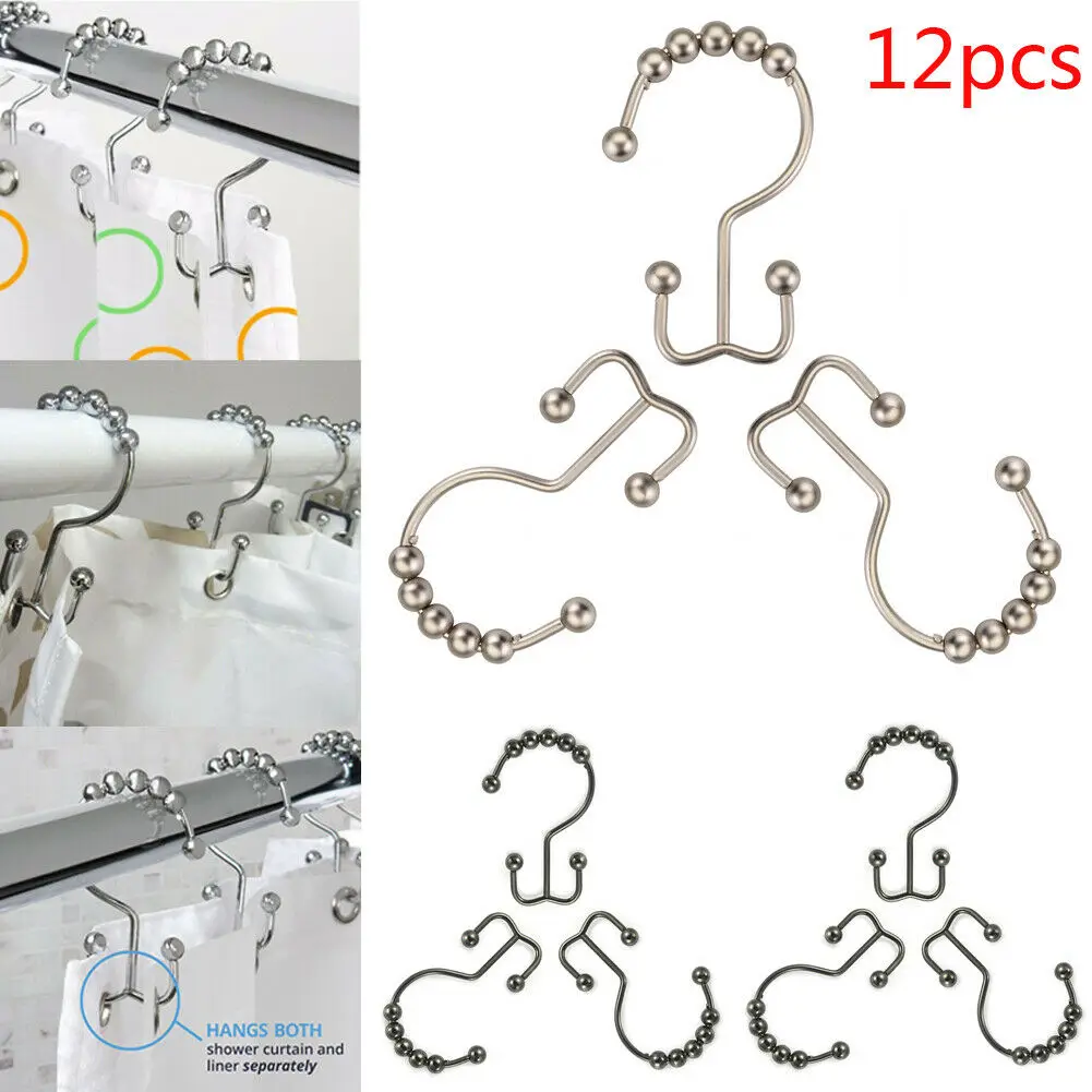 

New Arrival 12pc Shower Curtain Ring Double Hooks Set Glide Stainless Steel Bathroom Roller Heavy