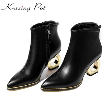 

Krazing Pot genuine leather pointed toe sexy nightclub beauty strange style metal high heels elegant fashion winter boots L15