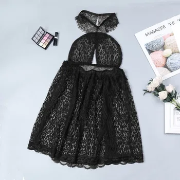 

Summer explosion models fashion new women's lace hanging neck nightdress solid color black hollow backless nightdress пижама 40*