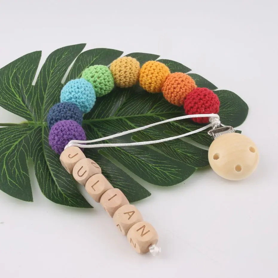 1PC Customize The Baby's Name Baby Pacifier Clips Rainbow Crochet Beads BPA Free Wood Teether Children's Jewelry Teether