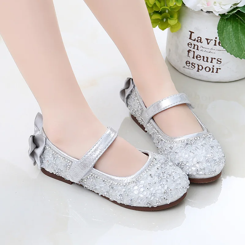 Black pink Silver Childrens leather shoes Girl Rhinestone Sequin Princess shoes Kids dancing Wedding Party Shoes For Baby Girl