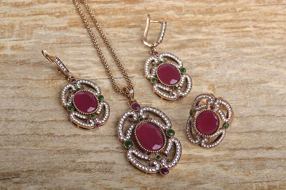 Blucome Винтаж турецкий Стиль ожерелье из смолы серьги, кольцо, ювелирные изделия набор кристалл для Для женщин день памяти ежедневно украшение одежды