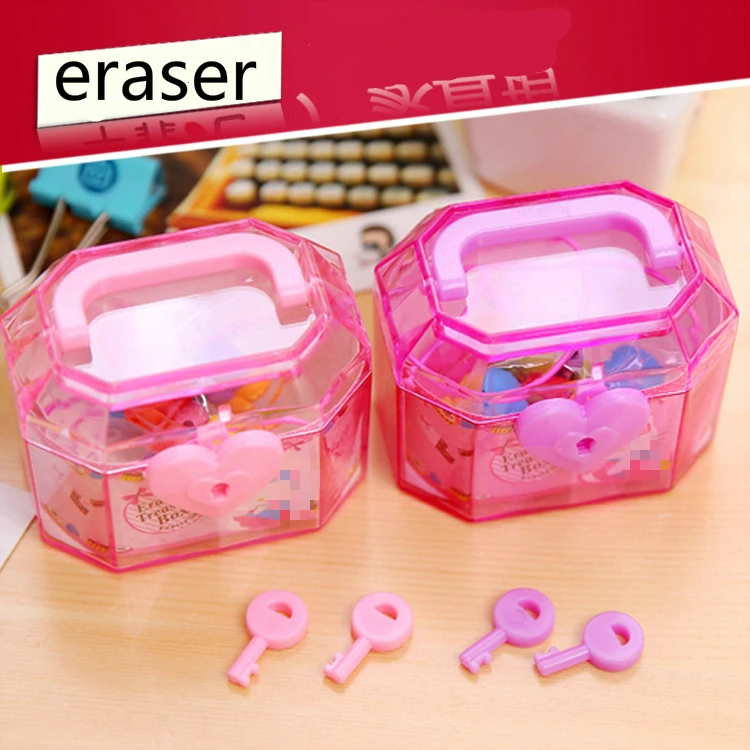 

2018 Creative treasure color box eraser set (12 eraser +2 key) DIY erasers bracelet rubber hardcover rubber Correction supplies