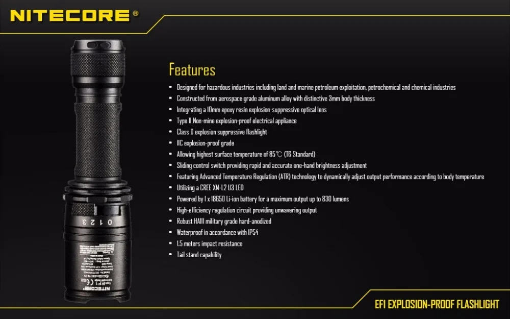 NITECORE EF1 взрывоустойчивый фонарик использование 1*18650 и 2* CR123 с помощью одной руки регулировки яркости+ 3500 мА/ч, 18650 Батарея+ зарядное устройство