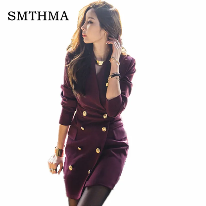 

SMTHMA HIGH QUALITY 2019 Spring Runway Long-sleeved Slim OL temperament ladies double-breasted elegance Dress