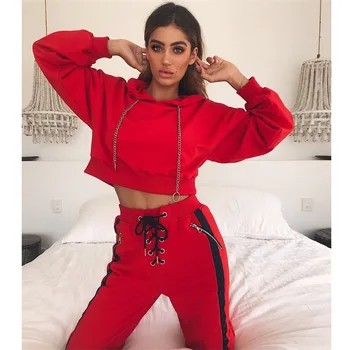 

Autumn Winter Fashion 2 Piece Set Women Tracksuit Sportswear Casual Red Sweat Pants Hooded Cropped Sweatshirt Hoodie