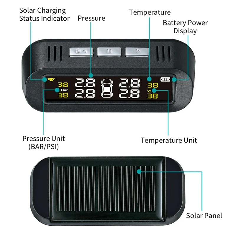 Tpms Солнечная энергия универсальная, беспроводная система контроля давления в шинах с 4 внешними датчиками, дисплеи в реальном времени 4 tires'presser