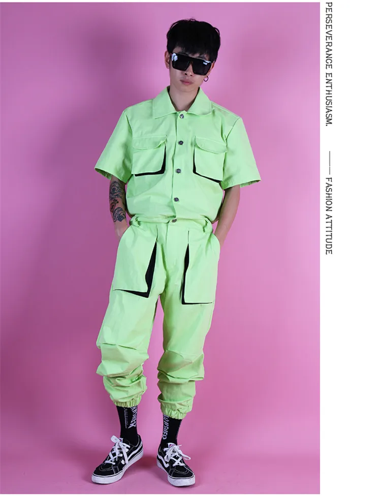 В стиле панк светло зеленый большой карман комбинезон комплект для мужчин платье для выступлений ночного клуба Бар этап костюмы Комбинезоны для малышек джаз хип хоп