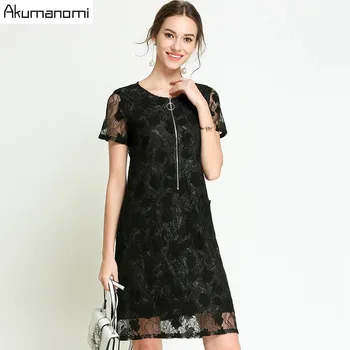 

Summer Lace Dress Women Clothing Black O-neck Short Sleeve Zipper Pocket Dress High Quality Plus Size 5XL 4XL 3XL 2XL XL L M