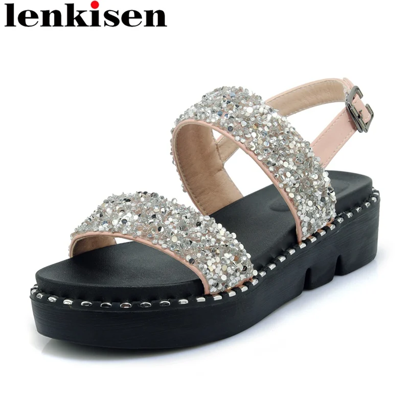 

Lenkisen 2018 fashion bling vocation buckle strap platform concise office lady peep toe elegant sweet summer women sandals L33