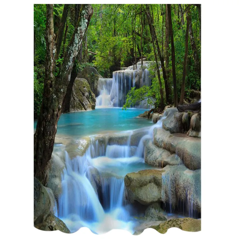

3D Waterfall Scenery Waterproof Shower Curtain Bathroom Products Creative Polyester Bath Curtain with 12 Hooks