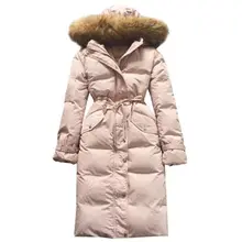 Высокое качество натуральной меховой воротник парки с капюшоном зимнее пальто Куртка–пуховик на 90% белом утином пуху Для женщин длинный тонкий пальто утепленная nw0022
