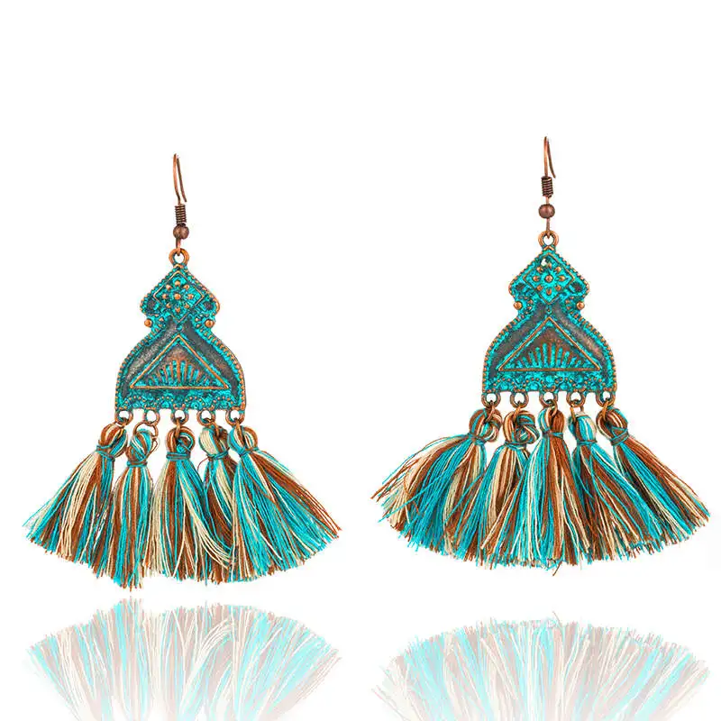 Различные богемные этнические зеленые серьги с кисточками Boho винтажные длинные