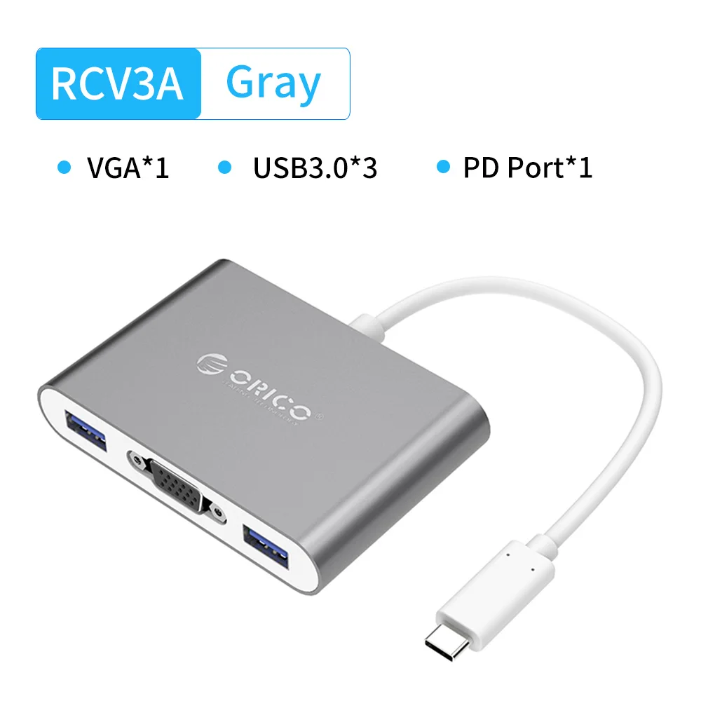 ORICO Алюминиевый USB C концентратор тип-c к HDMI/VGA/USB3.0/RJ45/SD TF кард-ридер PD зарядный адаптер для ноутбуков Macbook Аксессуары - Цвет: RCV3A Gray