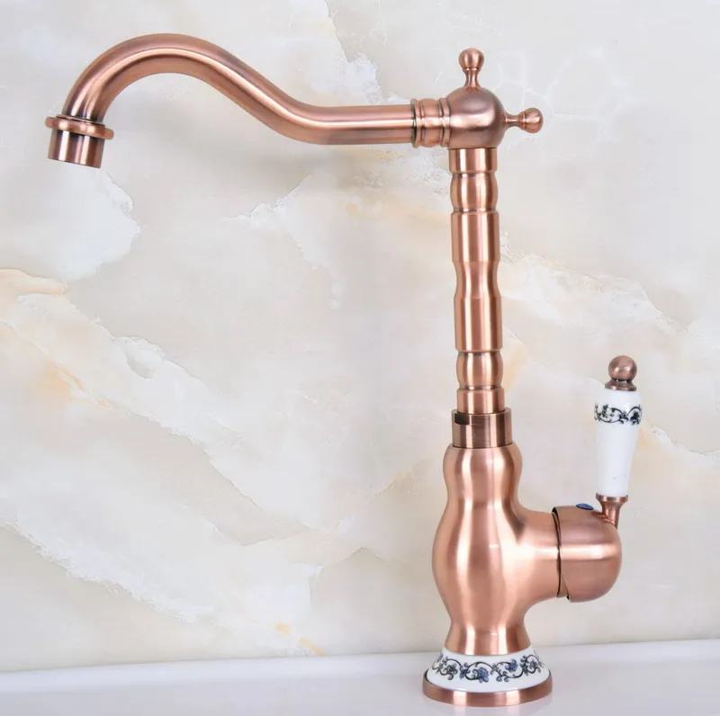 Antique Red Copper Brass Ceramic Base Kitchen Wet Bar Bathroom Vessel Sink Faucet Single Hole Swivel Spout Mixer Tapanf638