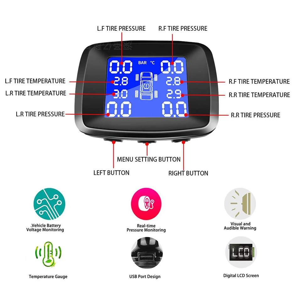 Система контроля давления в шинах прикуриватель заглушка TPMS ЖК-экран дисплей 4 внешних датчика авто сигнал о падении давления в шине