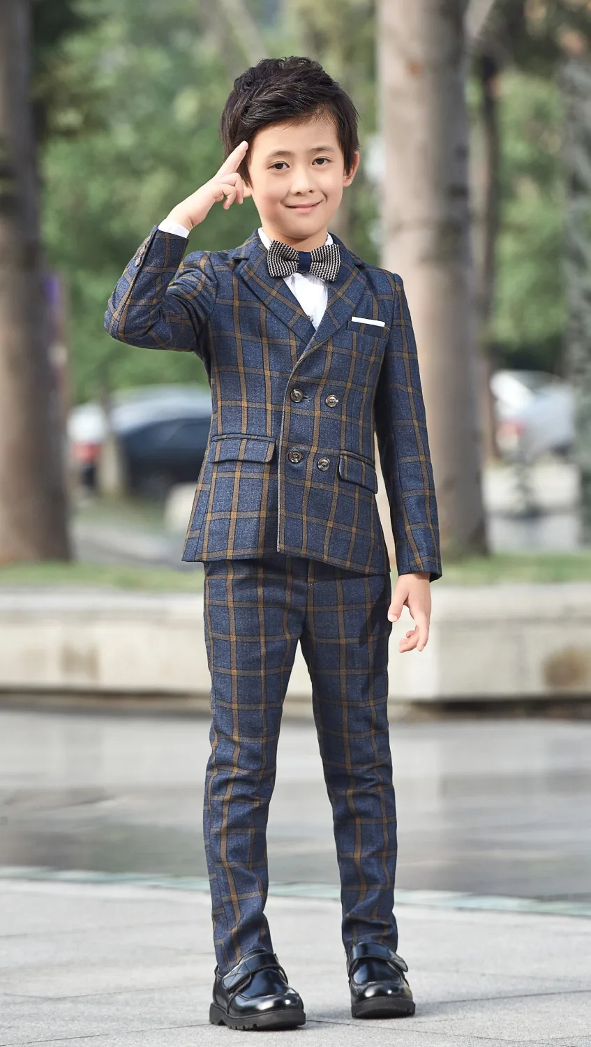 5 шт. в клетку для мальчиков костюмы Slim Fit подносителя колец костюм деловой