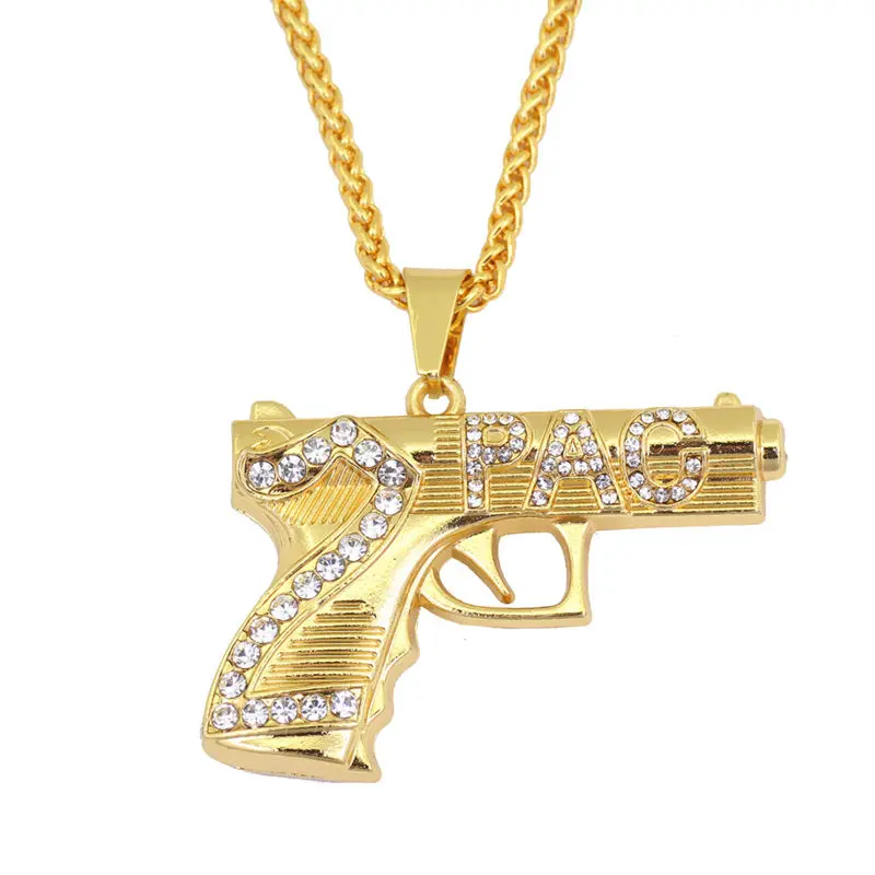

Hip hop crystal gun pendant necklace,bling bling chain jewelry for men