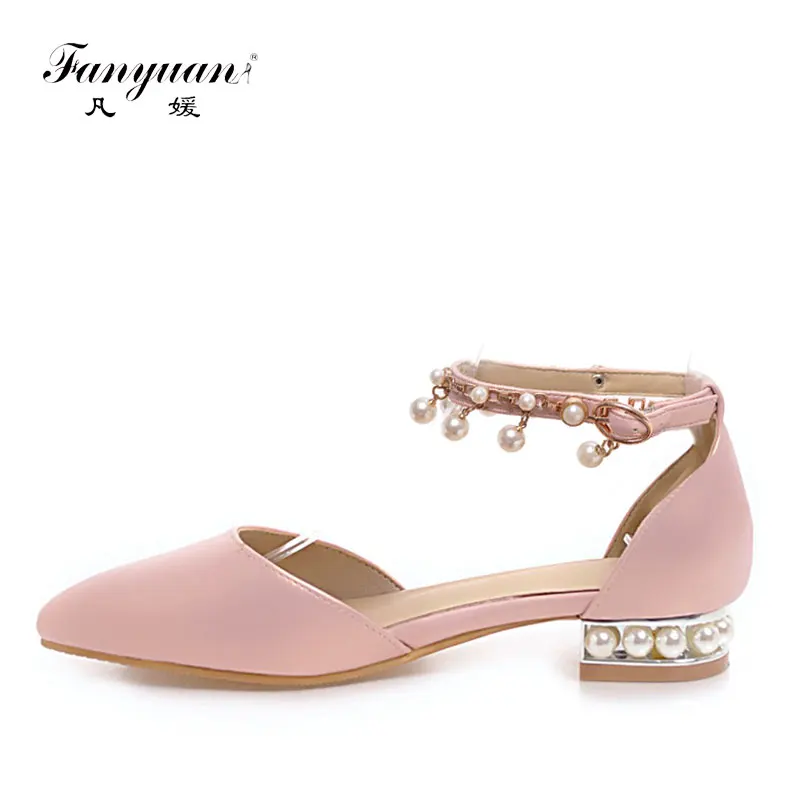 Fanyuan Casual String Bead Ankle Strap Shoes Pointed Toe Buckle Strap