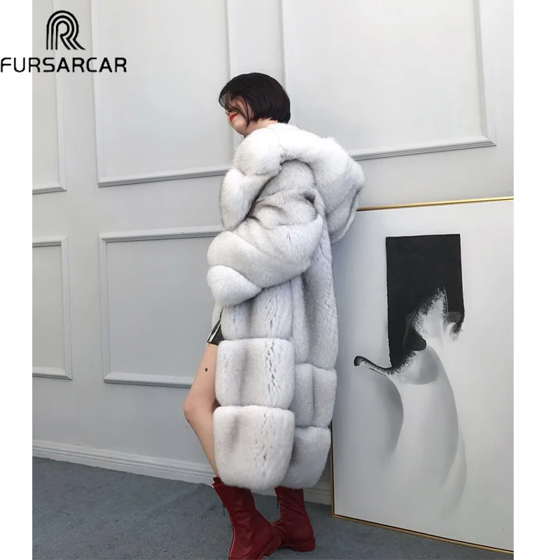 FURSARCAR Роскошные 100 см длинные натуральным лисьим мехом Меховая куртка Для женщин натуральные Дании импортные голубой песец меховая модное осенне-зимнее пальто из натурального меха