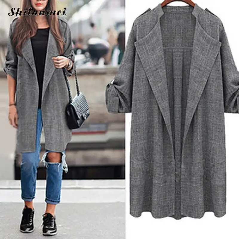 

2018 New Fashion Women Long Coat Breasted Gray Suit Blazer Jacket Linen Suit Womens Plus Size Ladies Outerwear Female Work Suits