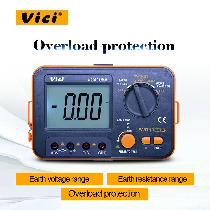 

VC4105A VICI Digital Earth Ground Resistance Tester Earth Voltmeter Ohmmeter 2K 200V w/ LCD With Backlight