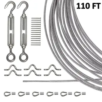 

Stainless Steel Lights Kit String Light Suspension Kit Outdoor Light Guide Wire 110 FT Wire Rope Cable Turnbuckle and Hooks