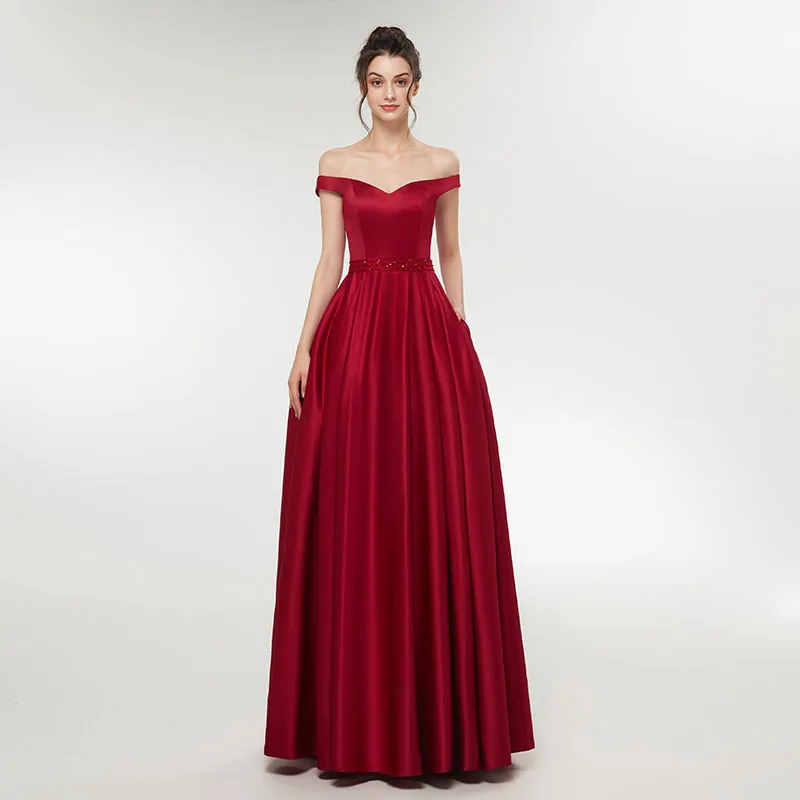 Элегантный 2018 простой цвет красного вина вечернее платье дамы формальные Длина для женщин платья для с открытыми плечами линии