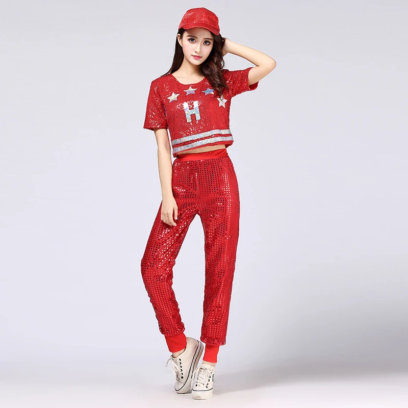 

New jazz costume short sleeve shirt top dance long pant costume dance dress hip hop dance Sequins dress