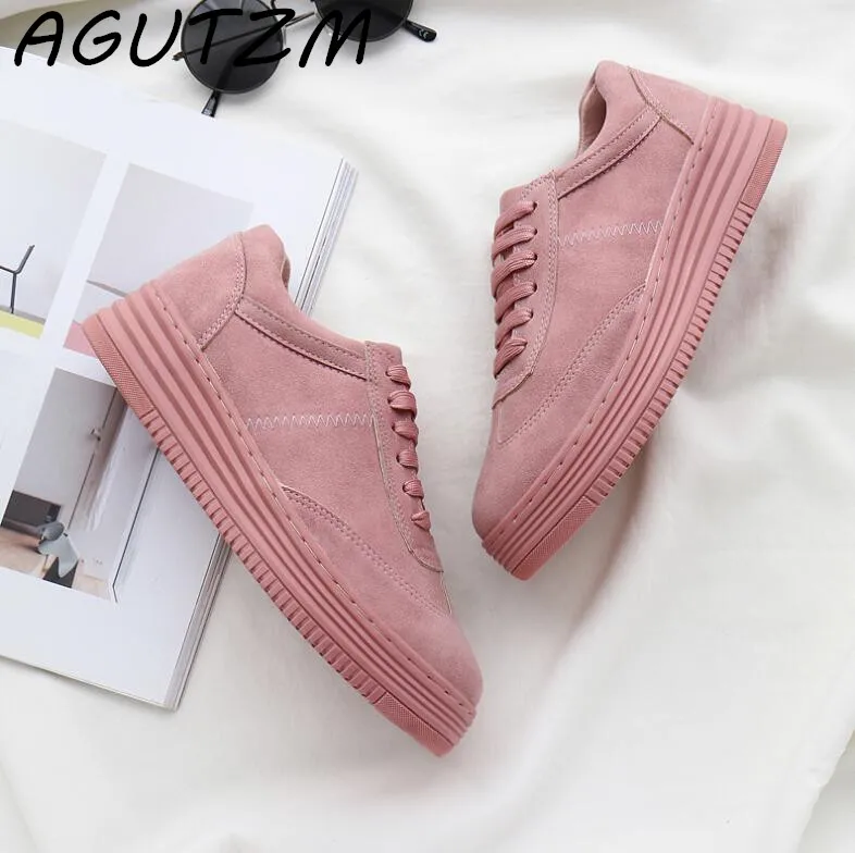 

AGUTZM Genuine Leather Women Sneakers Fashion Pink Shoes for Women Lace up White Shoes Creepers Platform Shoes Size 35-41