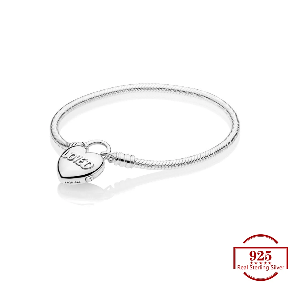 

2019 925 Sterling Silver Heart Lock Snake Bone Bracelet Trendy Jewelry Fits Charm Bracelet DIY for Women Diy Party Gift