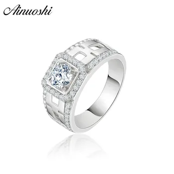 

AINOUSHI Classic 925 Sterling Silver Men Wedding Engagement Ring 1 Carat Round Cut Hallow Male Silver Anniversary Party Rings