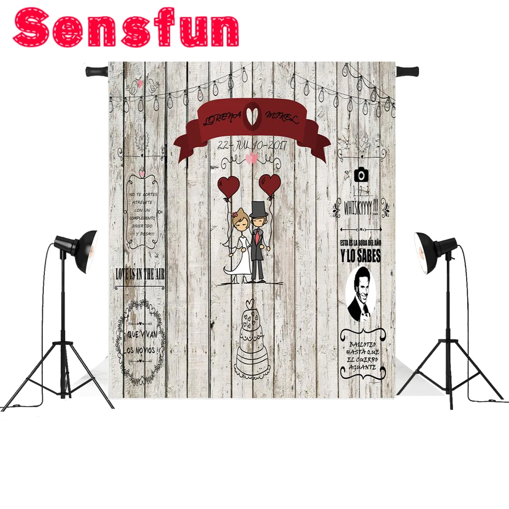 

Photocall Wedding Party White Wood A Couple with Red Love Baloon Custom Wedding Backdrop 6.5ftx10ft