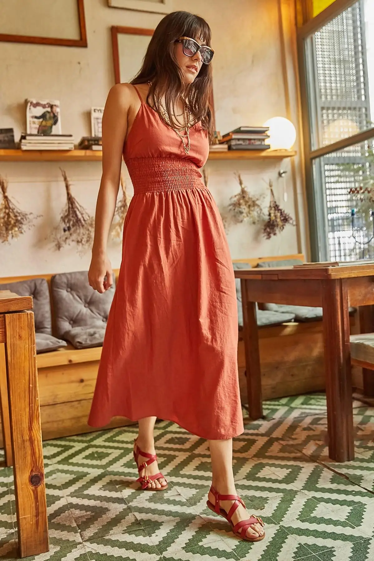

Ola Women Cinnamon Beli Gipeli Askılı Linen Cloche Dress 11220 ELB-19000426