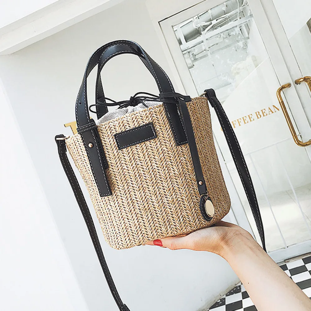 

2019 Woman Beach Woven Straw Weaving Shoulder Bag Ladies Trendy Summer Bucket Bag Hand Beach Lady Travel Bag Holiday
