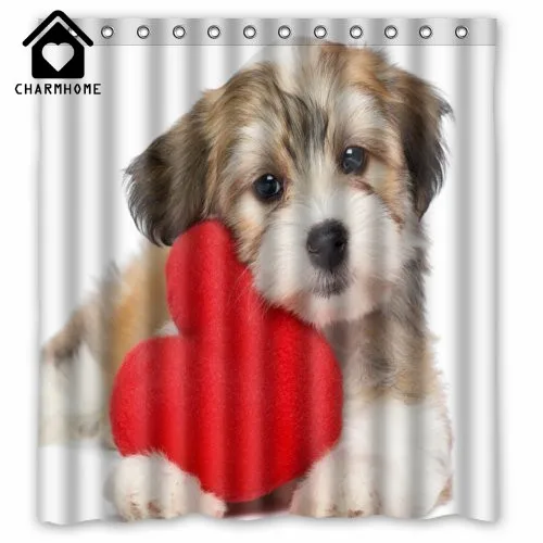 

CHARMHOME Waterproof Bathroom Shower Curtain Black White Puppy Little Dog Red Love Heart Polyester Fabric Shower Curtain Hooks