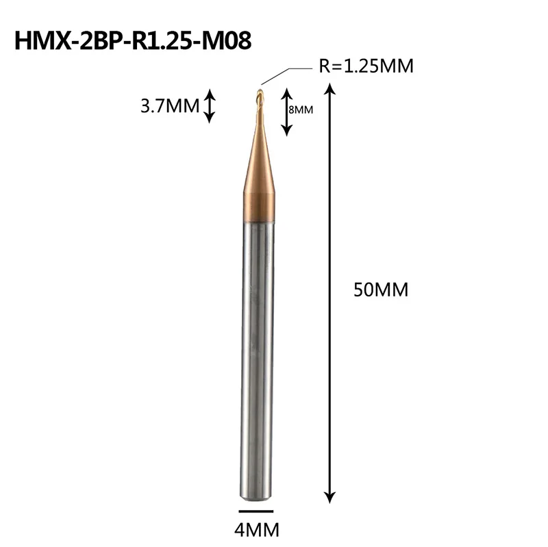 HMX-2BP R0.75-R2.5 твердосплавная Концевая фреза 2 флейты с круглым носом и длинным горлом Фрезерный резак с ЧПУ Режущий инструмент для закаленной стали HRC68 - Длина режущей кромки: HMX-2BP-R1.25-M08