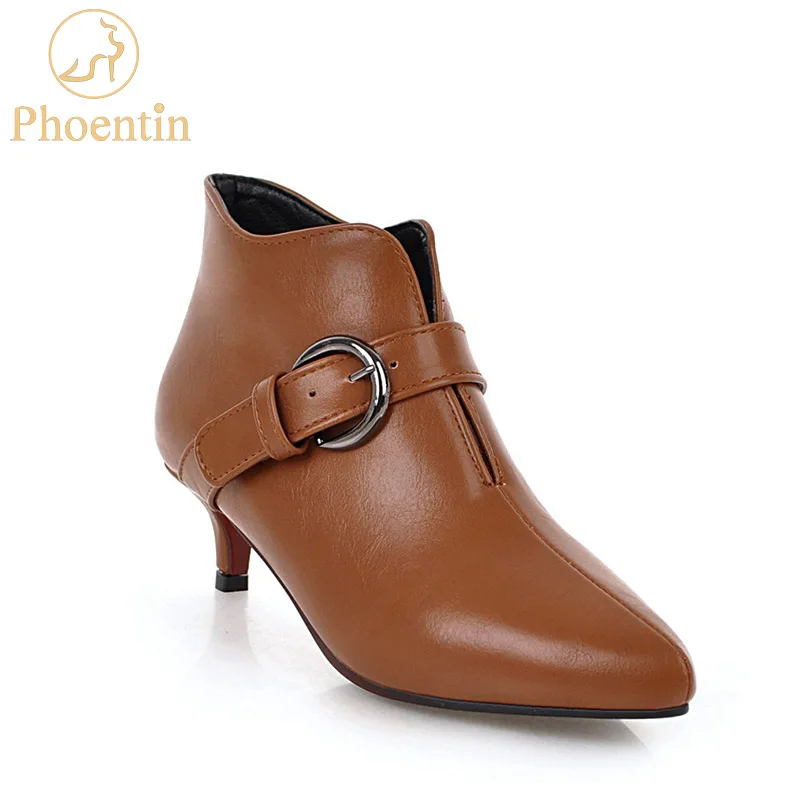 

Black buckle boots kitten heels 2018 low heeled boots yellow pointed toe pu leather solid autumn shoes women's PHOENTIN PH087