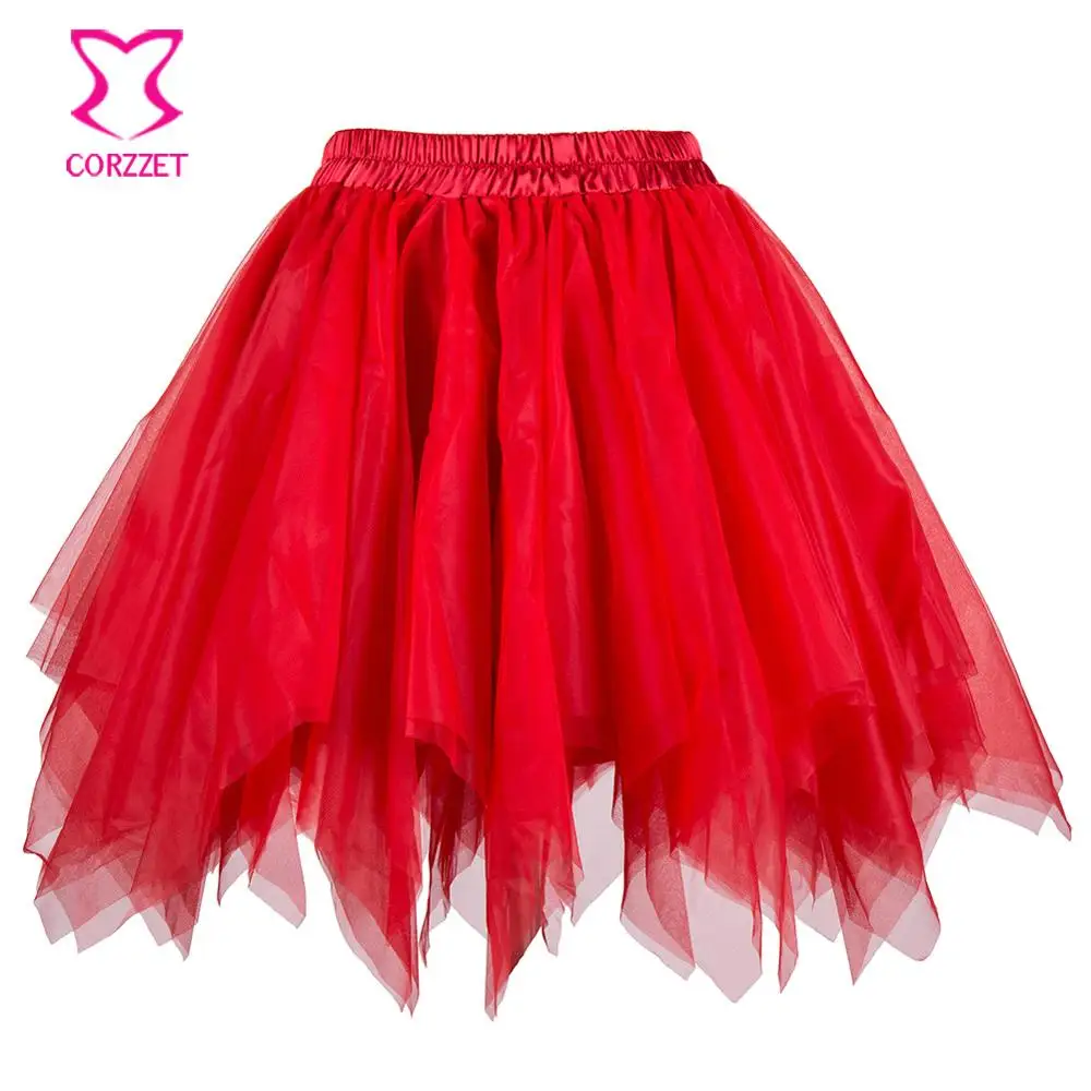 Красная и черная многослойная Асимметричная мини-юбка из тюля, пикантная Пышная юбка-американка, Корсетная юбка-пачка для женщин, танцевальная клубная одежда - Цвет: Red