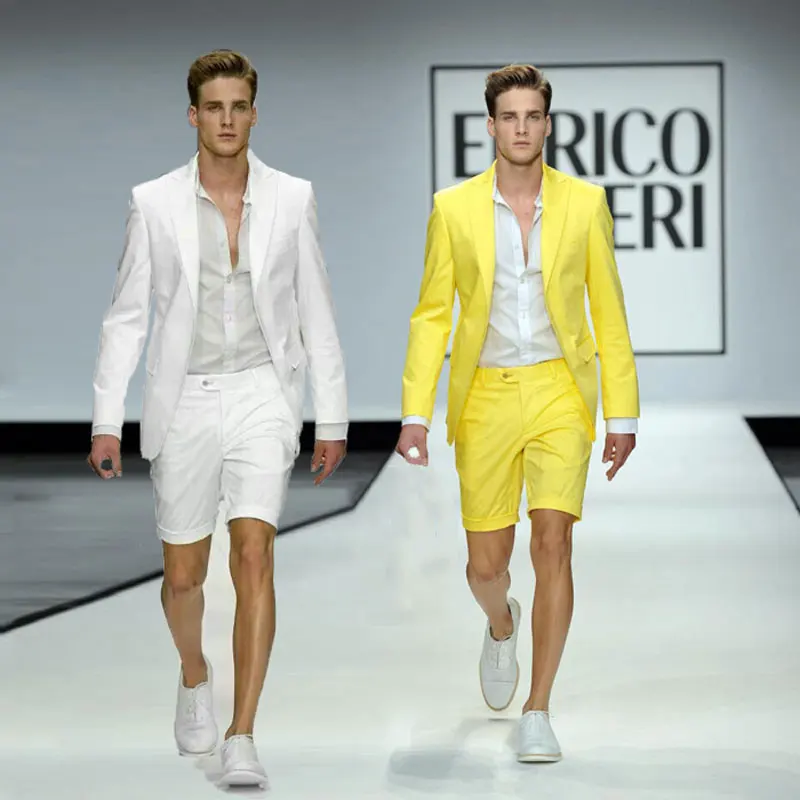 

Summer Short Pants White Linen Men Suits for Beach Wedding Suits Yellow Groom Tuxedos Groomsmen Blazers Costume Homme 2Piece