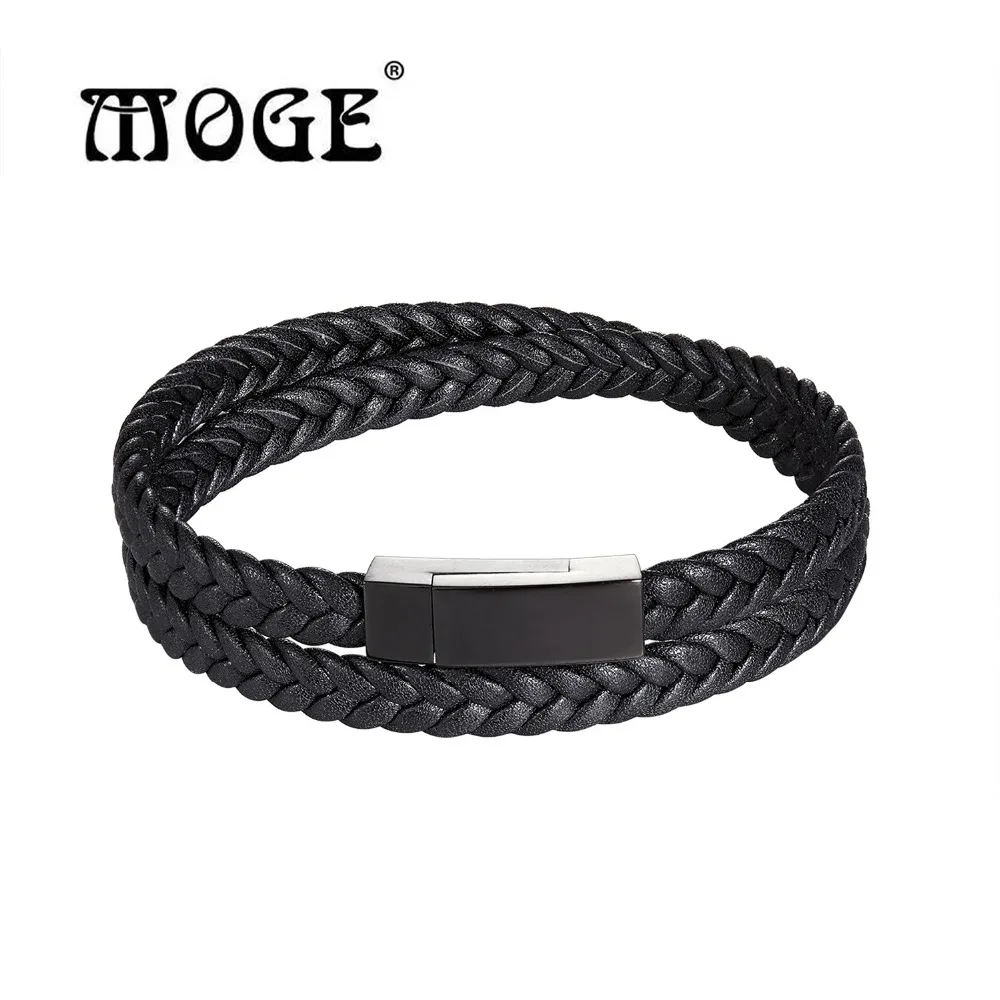 

MOGE Fashion Men Leather Bracelet Wrap Braided Bracelets for Men Stainless Steel Black Magnetic Clasp Charm Bangles Jewelry