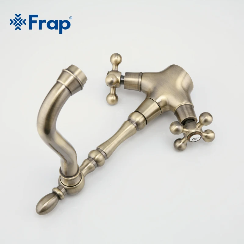 Billig Frap Küche Armaturen Antike Messing Waschbecken Wasserhahn Auslauf Doppel Kreuz Griff 360 Grad Swivel Bad Becken Mischbatterie F4019 4