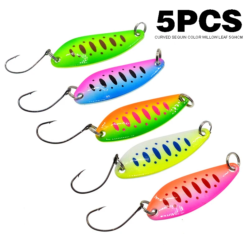 5pcs/Set 5g Sequin Bait Sinking Hard Fishing Lures Colored Willow  Leaves with Single Hook Fishing Tackle