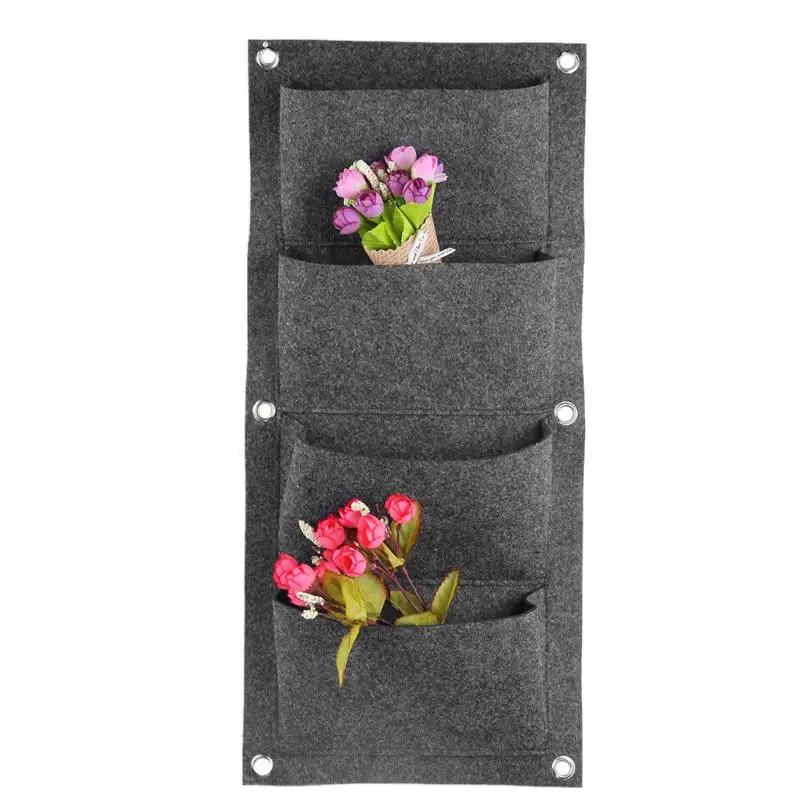4 Pockets Gray Plant Bag Hanging Vertical Wall Garden Planter Flower
